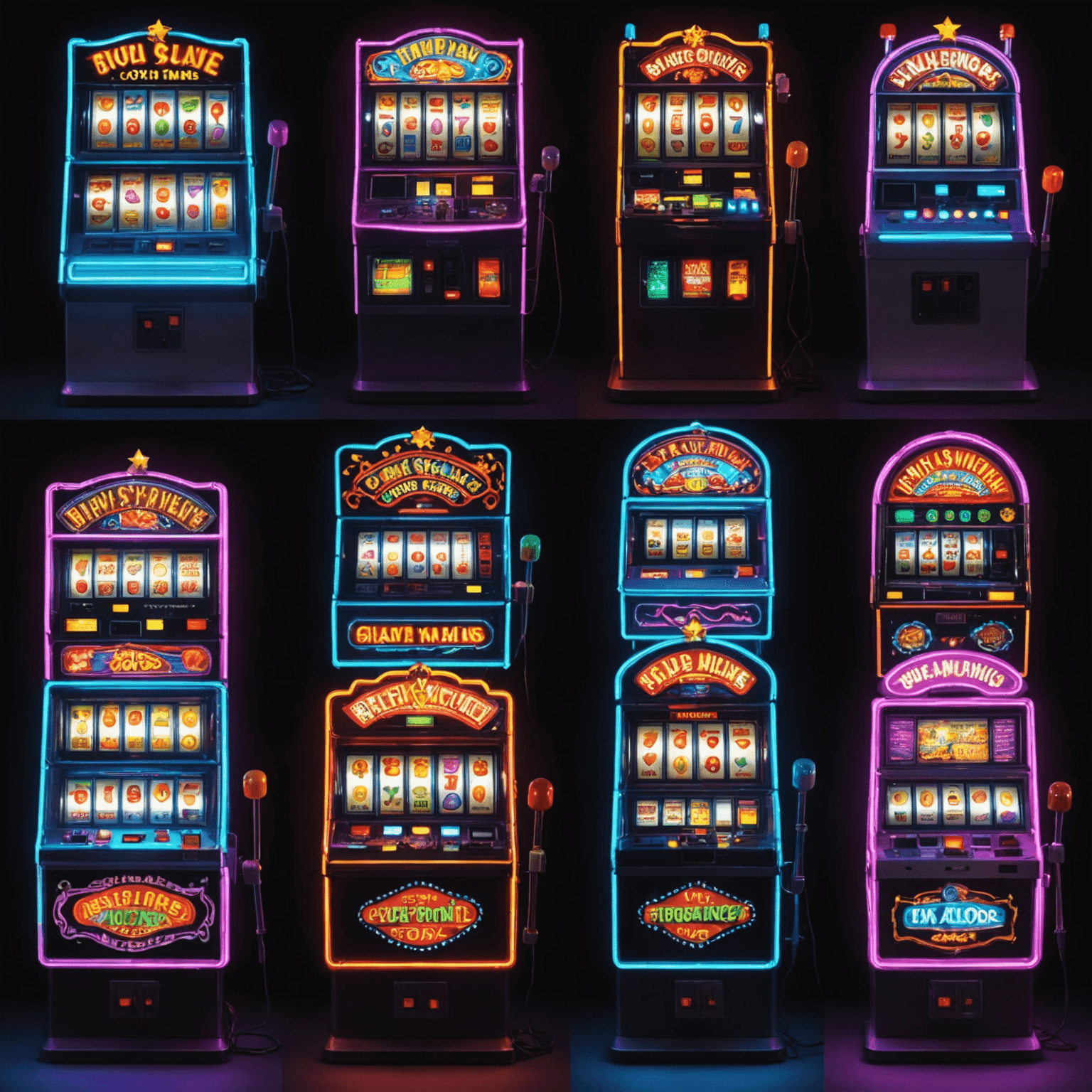 Five slot machines with bright neon lights, showcasing different themes suitable for beginners