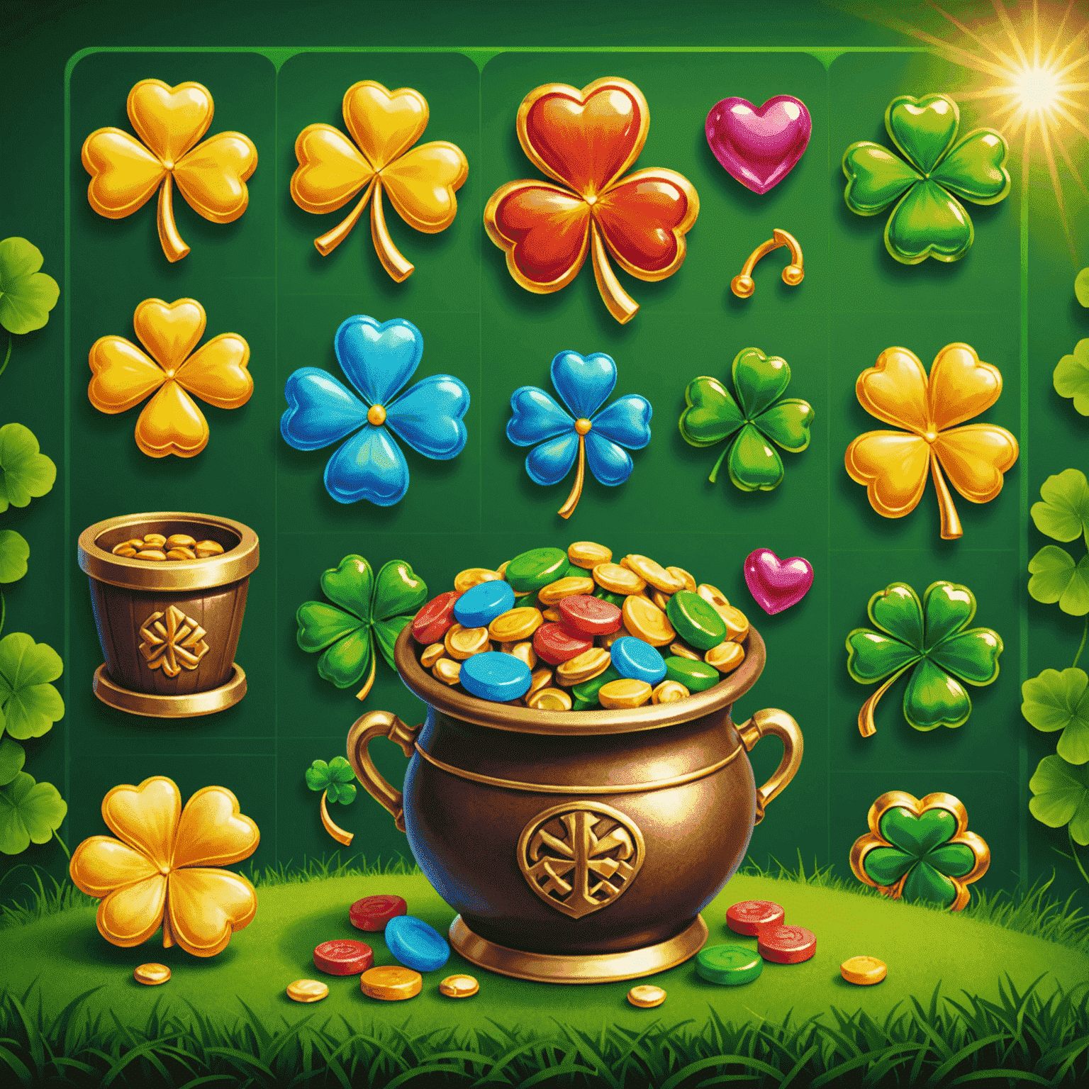 Lucky Charms Deluxe slot game featuring colorful symbols like four-leaf clovers, horseshoes, and pots of gold on a vibrant green background