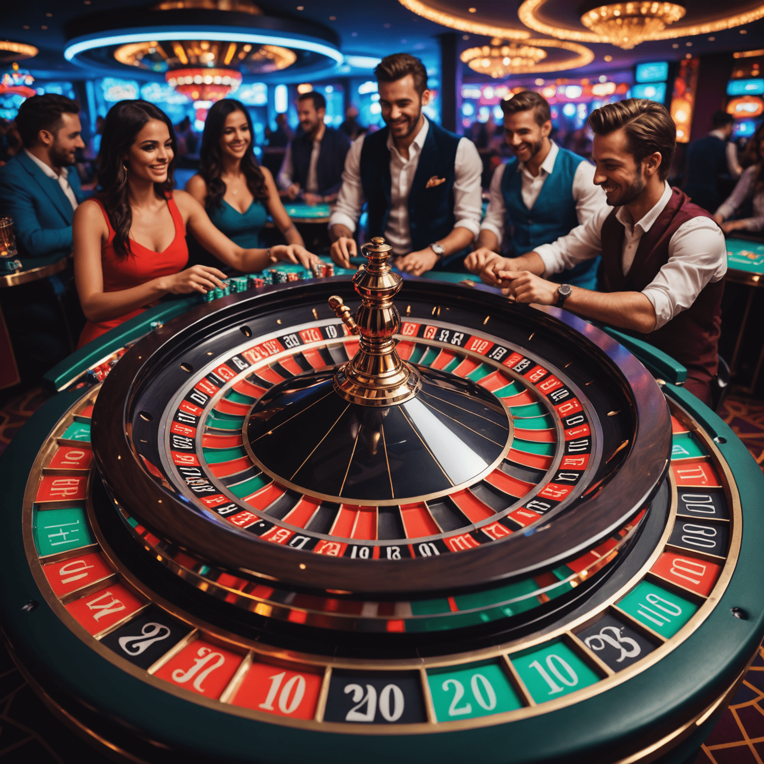 A vibrant roulette wheel spinning with neon lights, surrounded by excited players in a social casino setting
