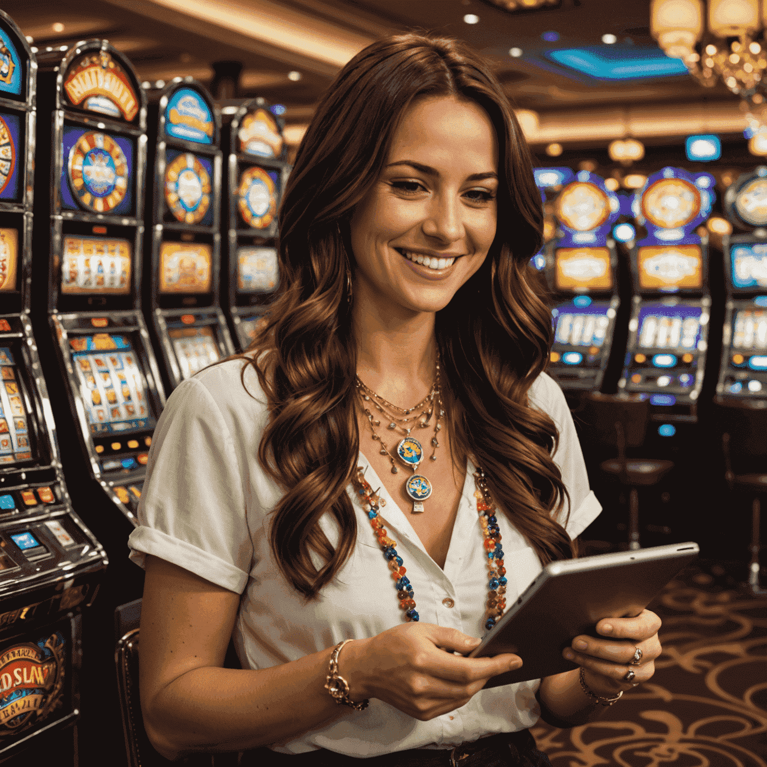 Sarah Johnson smiling while playing a slot machine game on her tablet. She has long brown hair and is wearing a lucky charm necklace.