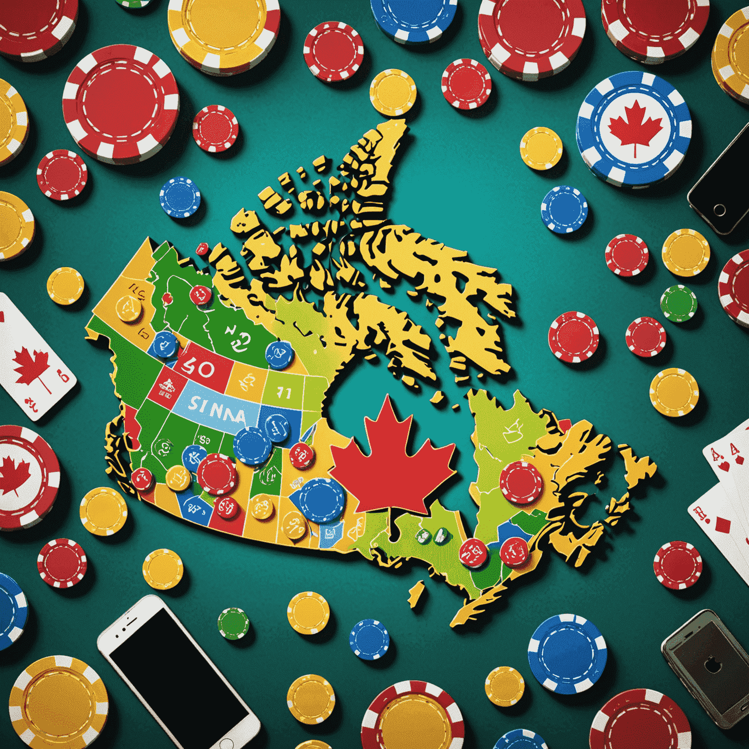 A stylized map of Canada with casino chips and mobile devices scattered across it, representing the landscape of social casino gaming in the country