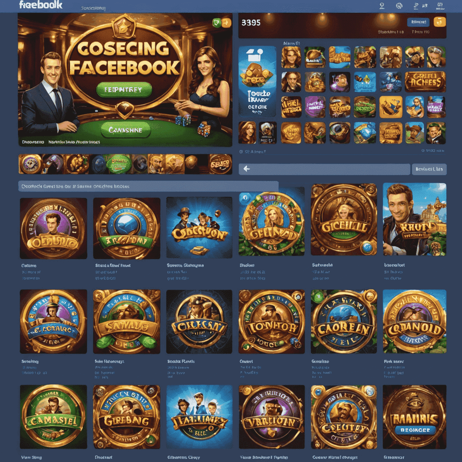 Screenshots of early Facebook social casino games, showing simple graphics and social features like friend lists and gift exchanges