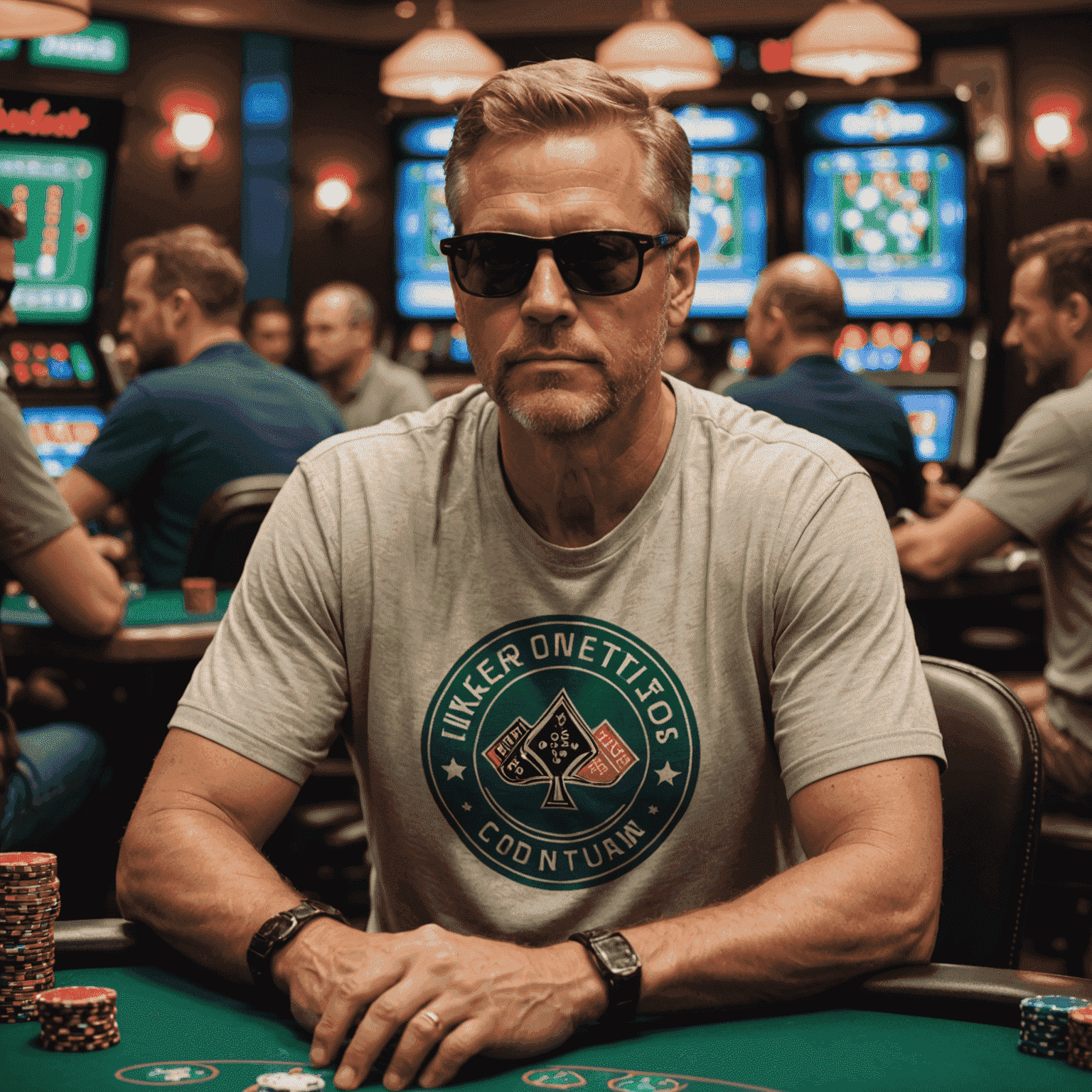 Mike Thompson sitting at a virtual poker table, looking focused. He's wearing sunglasses and a poker-themed t-shirt.