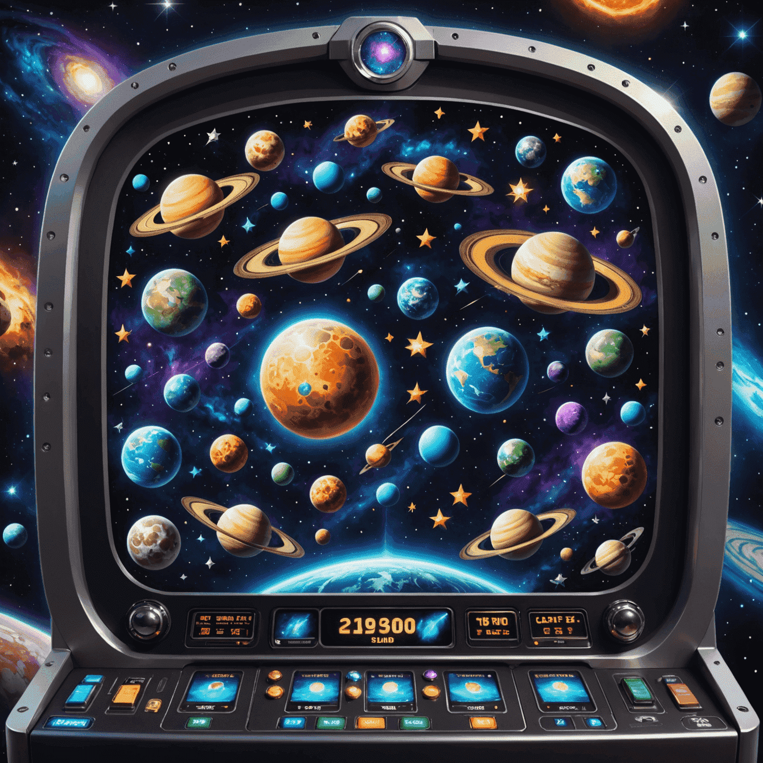 Cosmic Cash slot game with a space theme, featuring planets, stars, and astronauts as symbols on a dark, starry background