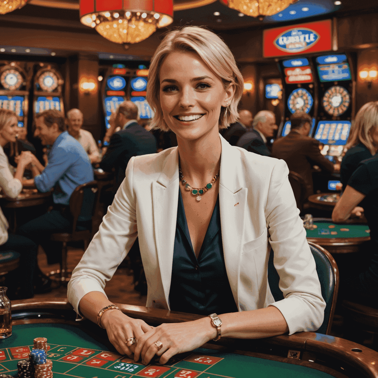 Emma Davis celebrating a big win at a virtual roulette table. She has short blonde hair and is wearing a lucky charm bracelet.