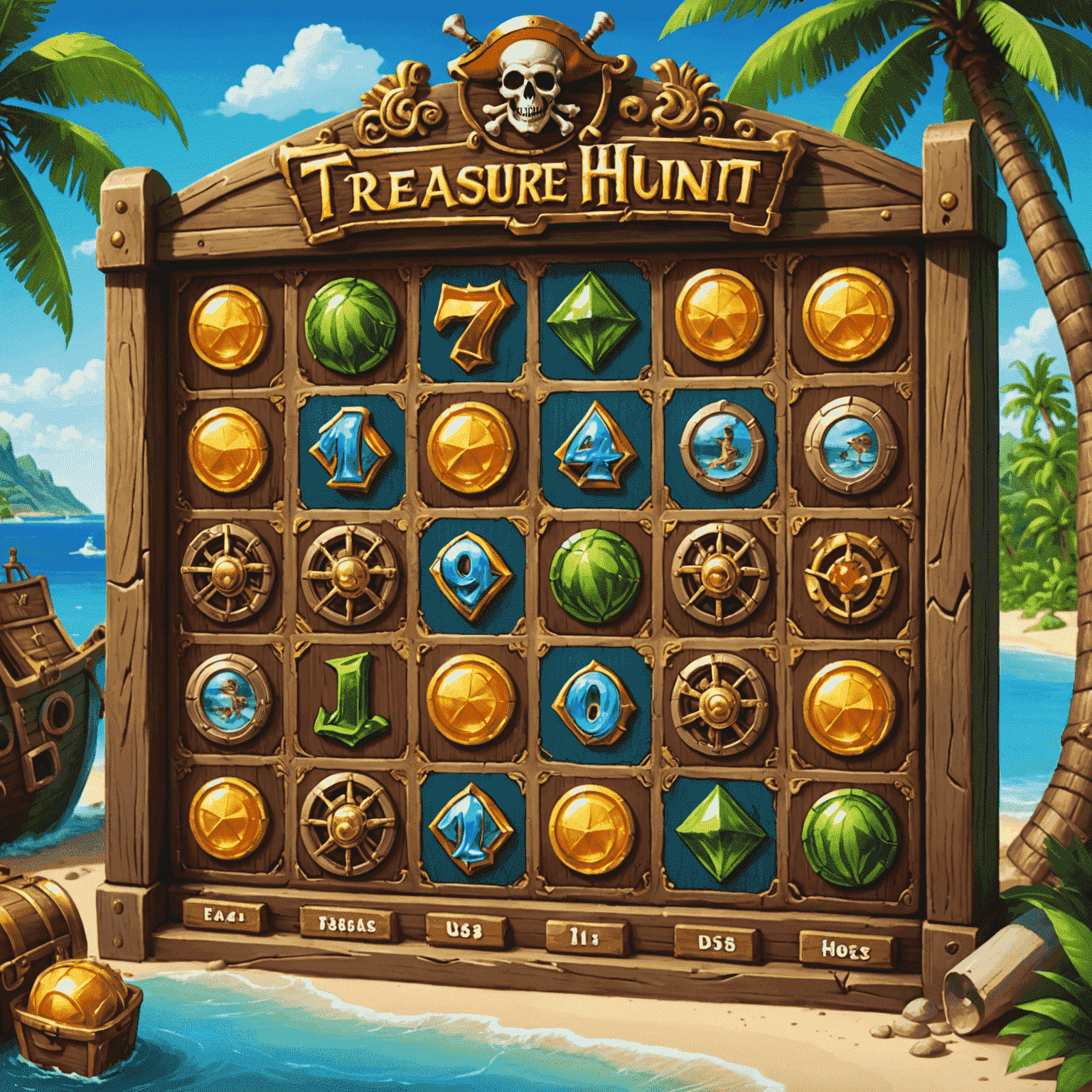 Treasure Hunt slot game with a pirate theme, showing symbols of treasure chests, maps, and pirate ships on a tropical island background