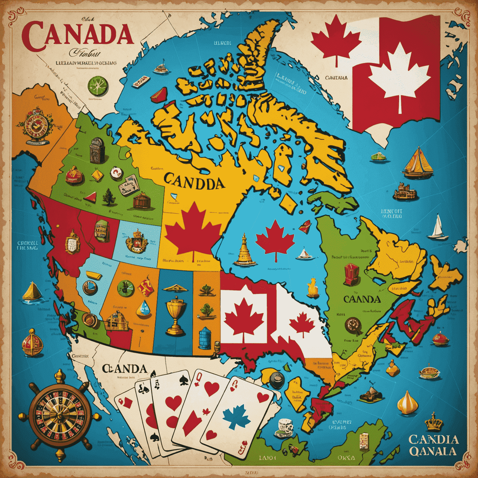 A map of Canada with legal symbols and social casino icons, illustrating the gaming laws